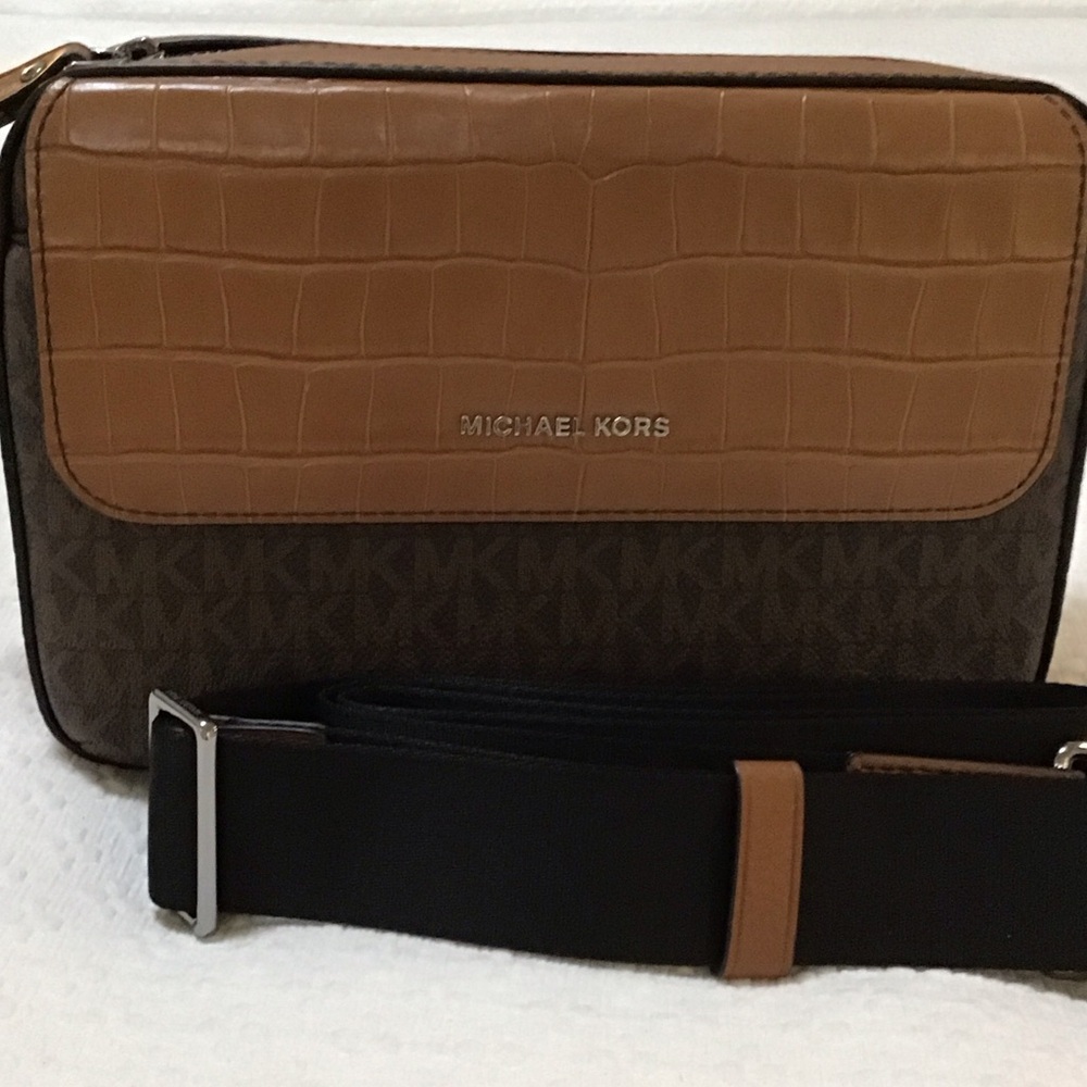 Michael Kors Brown and Tan Croc-Embossed Logo Belt Bag